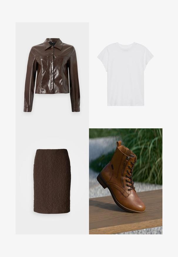 Brun kunstlæderjakke med en struktureret design, der har krave, frontknapper og to brystlommer. Glat, blank overflade.; Hvid kortærmet t-shirt med rund hals, afslappet pasform, lavet af blødt bomuldsstof. Glat tekstur, ingen mønstre eller logoer.; Brun knælang nederdel lavet af tekstureret stof med en krøllet overflade. Har et tætsiddende design og ingen synlige lukninger eller accenter.; Brun læderankelstøvle med lynlås på siden og snørebånd, placeret på en træoverflade udendørs med sløret grønt område i baggrunden.