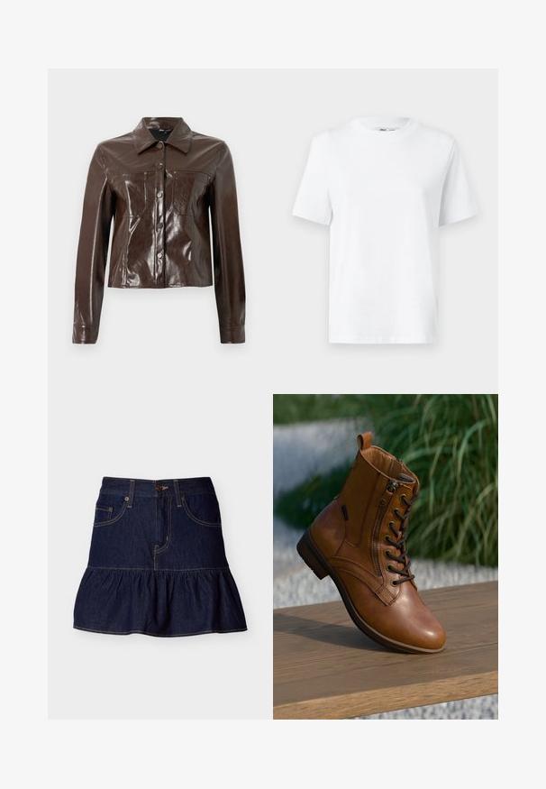 Braune Kunstlederjacke mit strukturiertem Design, ausgestattet mit einem Kragen, vorderen Knöpfen und zwei Brusttaschen. Glatte, glänzende Textur.; Weißes Baumwoll-T-Shirt mit Rundhalsausschnitt, kurzärmlig und mit glatter Textur. Entworfen mit einer lockeren Passform für Komfort und Vielseitigkeit.; Dunkelblauer Jeansminirock mit gerafftem Saum, vorderer Knopf- und Reißverschluss, zwei Vorderentaschen und Gürtelschlaufen.; Brauner Leder-Stiefelette mit seitlichem Reißverschluss und Schnürsenkeln, auf einer Holzoberfläche im Freien platziert, mit unscharfem Grün im Hintergrund.