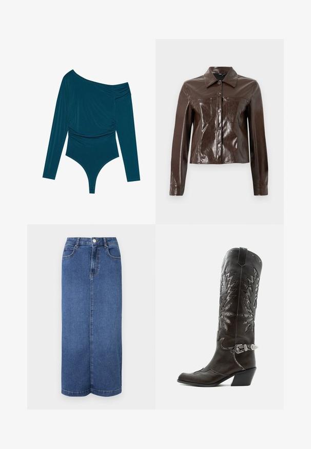 Braune Kunstlederjacke mit strukturiertem Design, ausgestattet mit einem Kragen, vorderen Knöpfen und zwei Brusttaschen. Glatte, glänzende Textur.; Türauer Langarm-Bodysuit mit einem Schulterdesign, geraffter Textur auf einer Seite und glatter Oberfläche. Verfügt über einen Tanga-Schnitt am unteren Ende.; Maxi-Rock aus Denim in Dunkelblau, mit geradem Schnitt, Bund mit Knopfverschluss und minimalistischen Nähten.; Schwarzer Leder-Cowboystiefel mit dekorativen Ausschnitten, silberner Schnalle und schräger Ferse, auf weißem Hintergrund dargestellt.