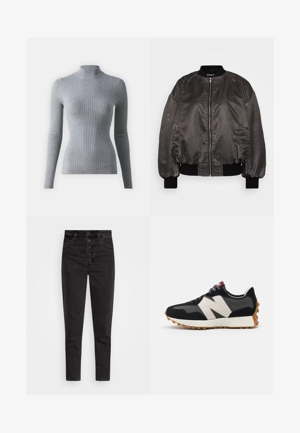 Veste bomber noire en matériau lisse et brillant avec fermeture éclair à l'avant, col et poignets côtelés, et poches latérales. Présente une coupe décontractée.; Pull en maille à col roulé gris côtelé avec des manches longues. Présente un design ajusté et un col haut pour plus de chaleur.; Jeans en denim noir taille haute avec une fermeture à bouton, cinq poches et une coupe slim. Texture lisse avec peu d'usure et sans ornements.; Baskets en suede noir et gris avec un grand logo "N" couleur crème, lacets violets et semelle extérieure en caoutchouc gomme texturé.