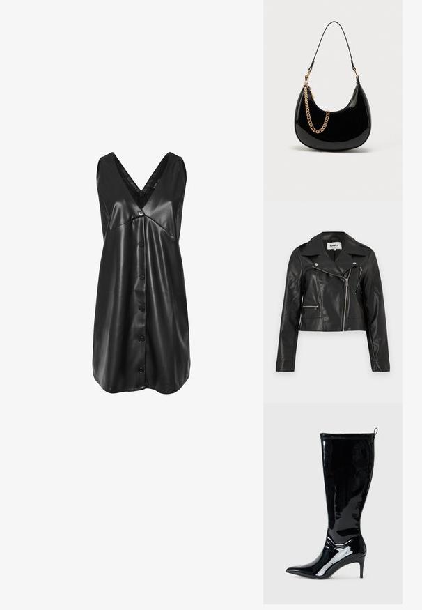 Chaqueta biker de cuero sintético negro con cremallera plateada asimétrica y dos bolsillos con cremallera, con un cuello ancho y mangas largas.; Vestido negro sin mangas de cuero sintético con escote en V, botonadura en la parte frontal y dobladillo ligeramente acampanado.; Bota de cuero charol negra hasta la rodilla con punta afilada y un tacón alto y delgado. Cuenta con un cierre zip en la parte trasera y una textura lisa y brillante.; Bolso de mano de piel sintética negra con forma curva, una correa delgada para el hombro y un detalle de cadena dorada en la parte frontal. Textura suave, diseño minimalista.