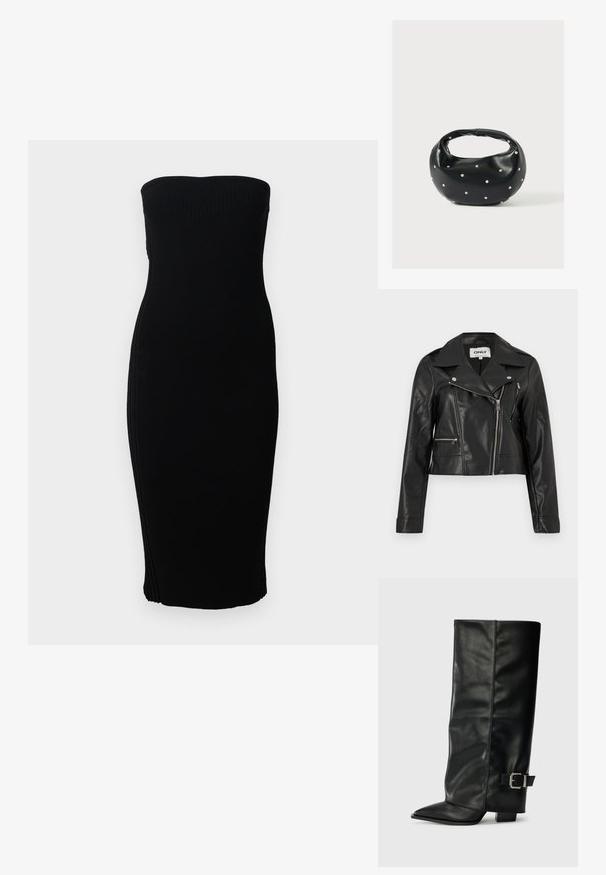 Zwarte bikersjas van nepleer met een asymmetrische zilveren ritssluiting en twee ritszakken, met een brede kraag en lange mouwen.; Zwarte strapless ribbed midi-jurk met een getailleerde silhouet, weergegeven tegen een eenvoudige witte achtergrond.; Zwarte leren enkellange laarzen met een spitse neus, een gladde textuur en een zilveren gesps Accent aan de zijkant. Stevige vierkante hak.; Zwarte leren handtas met een afgeronde vorm, versierd met zilveren studs, en een korte handgreep. Gladde textuur en ritsluiting.