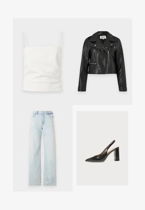 Veste de motard noire en similicuir avec une fermeture éclair argentée asymétrique et deux poches zippées, dotée d'un large col et de longues manches.; Haut court blanc sans manches avec fines bretelles, encolure carrée et détails subtils de tissu froncé.; Jean en denim délavé clair à taille haute avec jambes droites, poches avant, fermeture par bouton et détails discrets d'estompage.; Escarpin slingback en cuir noir pour femme avec bout pointu et talon bloc épais et haut sur fond blanc.