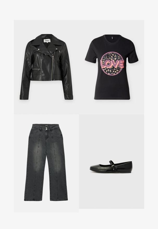 Sort bikerjakke i kunstlæder med asymmetrisk sølvlynlås og to lynlåslommer, med bred krave og lange ærmer.; Sort T-shirt med korte ærmer og rund halsudskæring med et leopardprint cirkel og ordet "LOVE" i pink og koralfarvede bogstaver foran.; Viddejeans i mørkegrå denim med høj talje, to frontlommer, midtersøm og diskret falmning på stoffet.; Sorte læder balletflade med rund tå, flad sål og en tynd justerbar rem over svangen med en metalspænde.