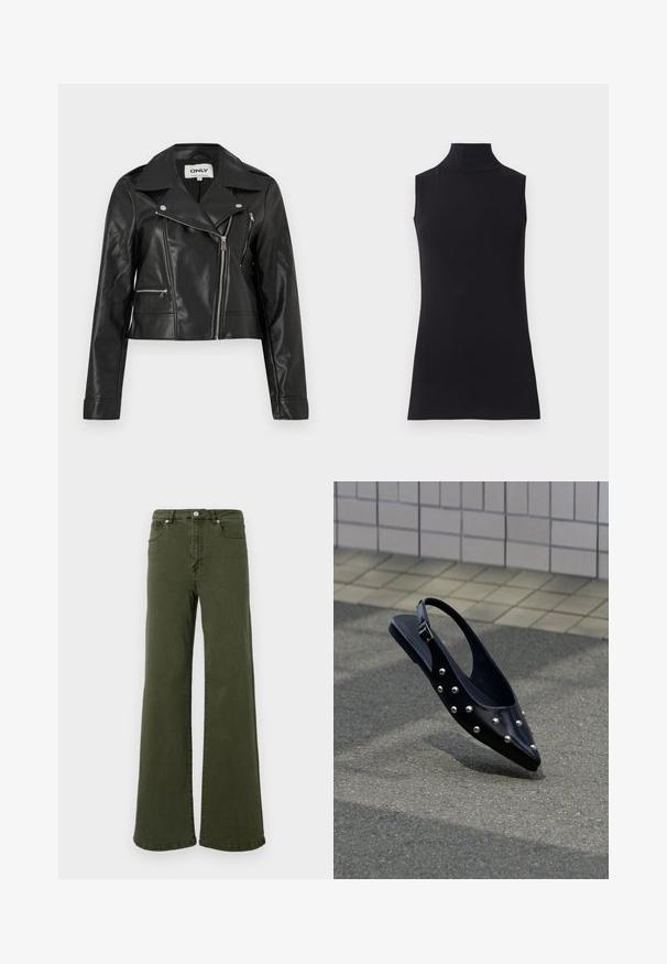 Sort bikerjakke i kunstlæder med asymmetrisk sølvlynlås og to lynlåslommer, med bred krave og lange ærmer.; Sort ærmeløs turtleneck top, lavet af glat stof. Figurtilpasset design med høj hals og lige kant, minimalistisk og ensfarvet.; Olivengrønne flared jeans lavet af bomuld, med høj talje, fem lomme-design, metalknap og stikninger langs sømmene.; Sort spids slingback-sko med sølvnitter, der svæver over asfalt tæt på flisebelagt væg.