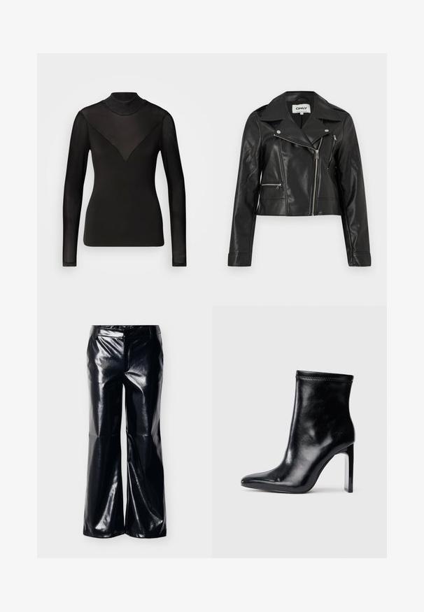 Chaqueta biker de cuero sintético negro con cremallera plateada asimétrica y dos bolsillos con cremallera, con un cuello ancho y mangas largas.; Top negro de manga larga con paneles transparentes que forman una forma de V en el escote. Textura suave, diseño ajustado, cuello alto.; Pantalones de pierna ancha de cuero sintético negro con acabado brillante, características de cintura media y diseño frontal limpio, adecuados para varios estilos.; Botín de cuero negro hasta el tobillo con punta afilada y tacón transparente alto. Textura suave y detalles mínimos de costura en la parte superior.