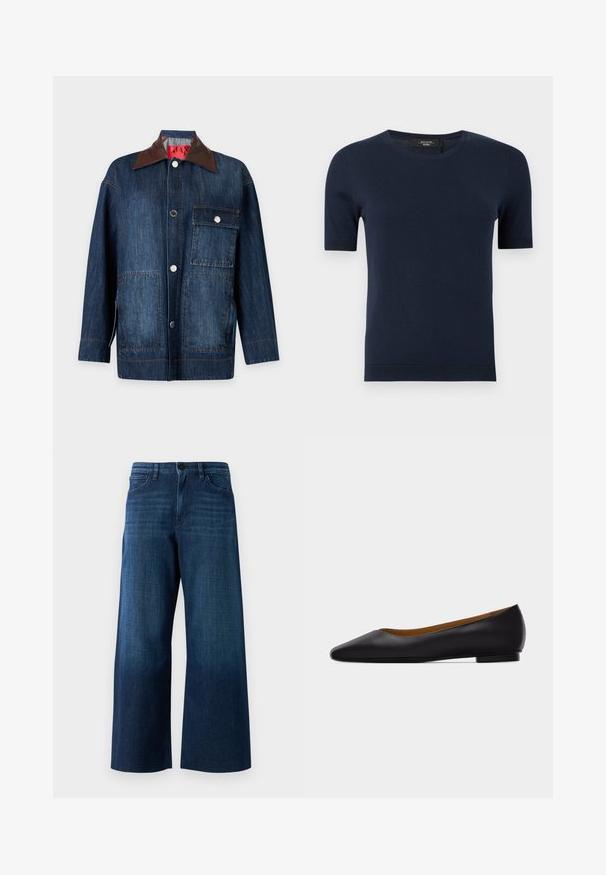 Langærmet mørkeblå denimjakke med brun læderkrave, knaplukning foran, en brystlomme med klap og to nederste påsatte lommer.; Mørkeblå kortærmet strikket sweater med rund halsudskæring og ribbede ærmer og kant, vist på en ensfarvet baggrund.; Bredde ben mørkeblå denimjeans med frontknap, bæltestropper og klassisk fem-lomme design på ensfarvet baggrund.; Sort læder flad sko med spids tå, lav hæl og glat finish, vist fra siden på en lysegrå baggrund.