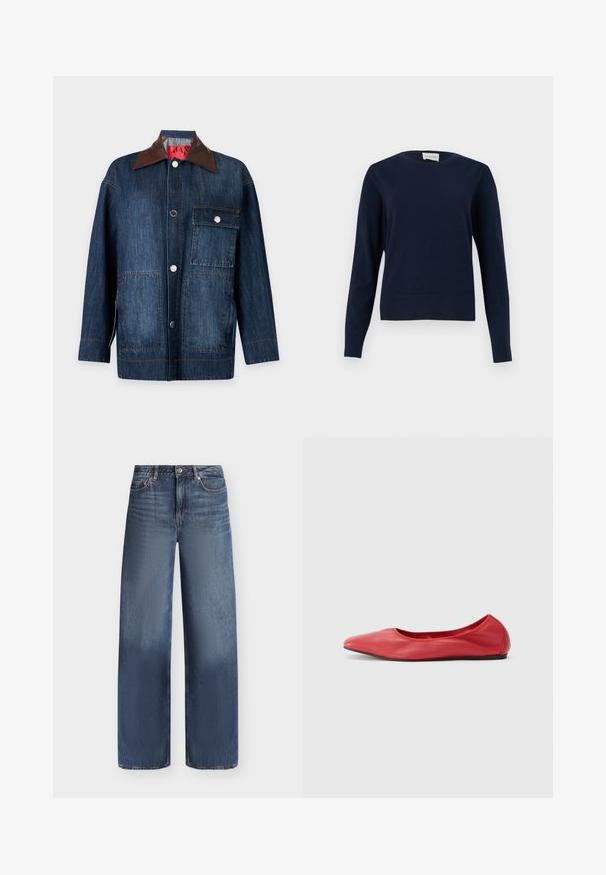 Veste en jean bleu foncé à manches longues avec col en cuir marron, fermeture à boutons devant, une poche poitrine avec rabat et deux poches plaquées inférieures.; Pull à manches longues bleu marine à col rond avec poignets et ourlet côtelés, présenté sur un fond clair uni.; Jean en denim bleu à coupe droite, design cinq poches, fermeture par boutons et légère décoloration sur le haut des cuisses et les genoux.; Filippa K REY FLATS - Ballerines - bright red