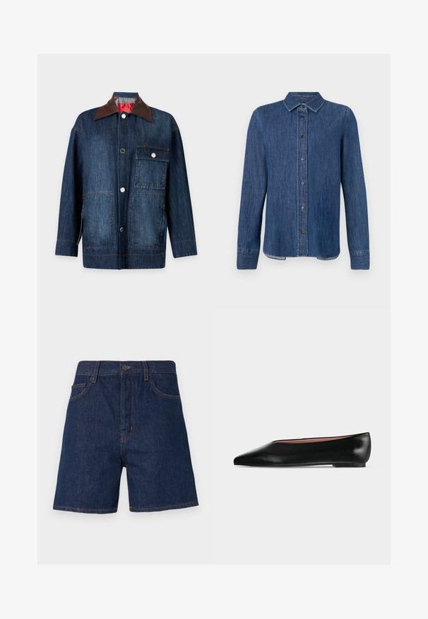 Langærmet mørkeblå denimjakke med brun læderkrave, knaplukning foran, en brystlomme med klap og to nederste påsatte lommer.; Mørkeblå denim skjorte med lange ærmer, knaplukning foran, klassisk krave og synlige sømme. Har en lige nederste kant med let bue i siderne.; Mørkeblå denimshorts med et klassisk fem-lomme-design, synlig orange syning og en knaplukning i taljen.; Sort damesko i læder med flad hæl og spids tå, vist fra siden på en ensfarvet lys grå baggrund.