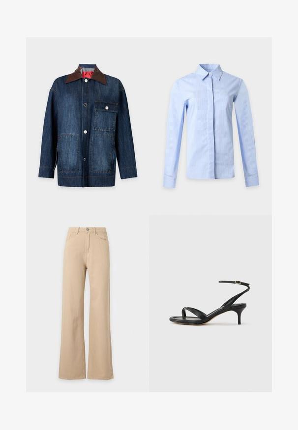 Veste en jean bleu foncé à manches longues avec col en cuir marron, fermeture à boutons devant, une poche poitrine avec rabat et deux poches plaquées inférieures.; Chemise bleu clair à manches longues avec des rayures verticales blanches, un col pointu et une patte de boutonnage cachée sur un fond clair uni.; Pantalon beige taille haute, jambes larges, fermeture à boutons devant, poches avant et arrière, présenté sur fond blanc.; Sandale pour femme en cuir noir avec fines lanières, une boucle d'orteil, une boucle à la cheville et un talon aiguille de hauteur moyenne sur un fond neutre.
