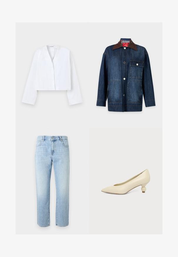 Veste en jean bleu foncé à manches longues avec col en cuir marron, fermeture à boutons devant, une poche poitrine avec rabat et deux poches plaquées inférieures.; Veste blanche à manches longues et courte, à ouverture frontale sans boutons ni attaches visibles, présentée sur un fond clair uni.; Jeans bleu clair taille haute à jambe droite avec fermeture à bouton et fermeture éclair, poches avant et coutures visibles sur fond uni.; Chaussure femme couleur crème à bout pointu avec un petit talon rond en forme de boule, sur fond uni.
