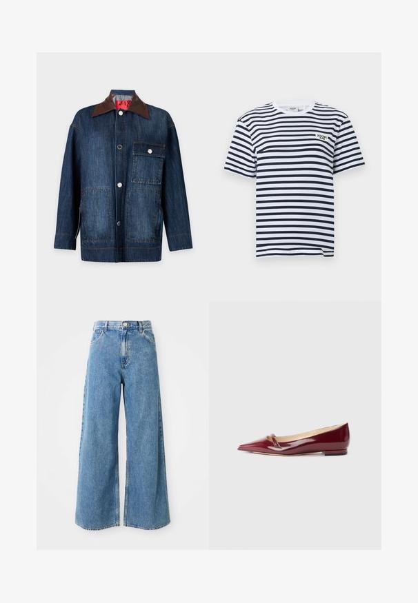 Langærmet mørkeblå denimjakke med brun læderkrave, knaplukning foran, en brystlomme med klap og to nederste påsatte lommer.; Herre t-shirt med korte ærmer i sort og hvid med vandrette striber, rund hals og "JOOP! JEANS" logo på venstre bryst.; Højtaljede lyseblå brede denim jeans med frontknap, lynlås og forlommer på en hvid baggrund.; Bordeaux patenteret læderballerinaer med spids tå, der har en lille udskæring og en lav hæl. Glat tekstur og elegant design.