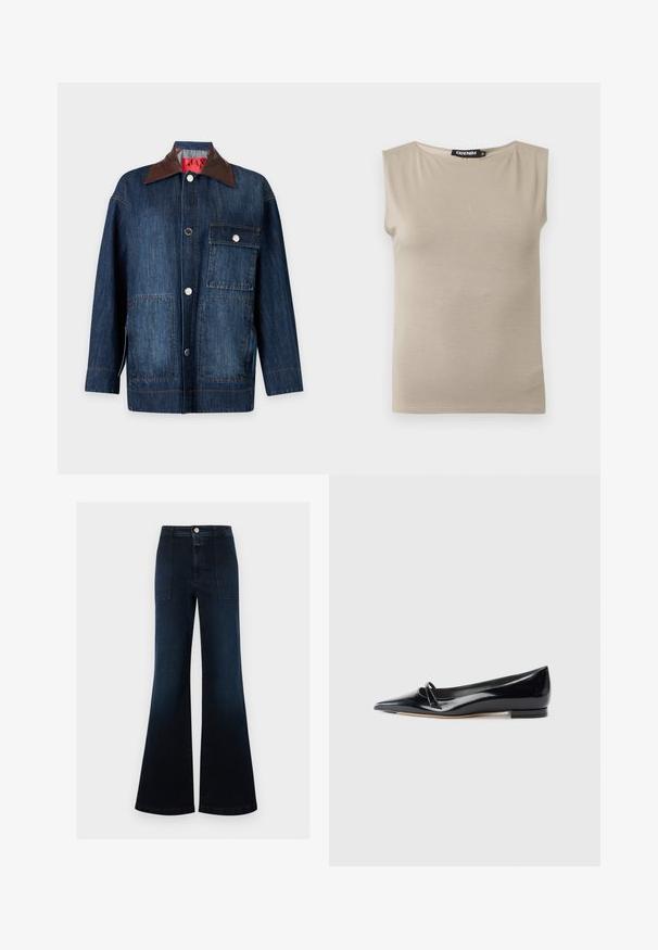 Veste en jean bleu foncé à manches longues avec col en cuir marron, fermeture à boutons devant, une poche poitrine avec rabat et deux poches plaquées inférieures.; Haut beige en coton sans manches avec larges bretelles et col rond, taille moyenne, posé à plat sur fond blanc.; Jean large bleu foncé à taille haute, poches plaquées à l'avant, fermeture par bouton, sans usure visible ni ornements.; Chaussure plate en cuir verni noir avec un bout pointu, une petite lanière décorative et un petit talon carré. Texture lisse et design épuré.