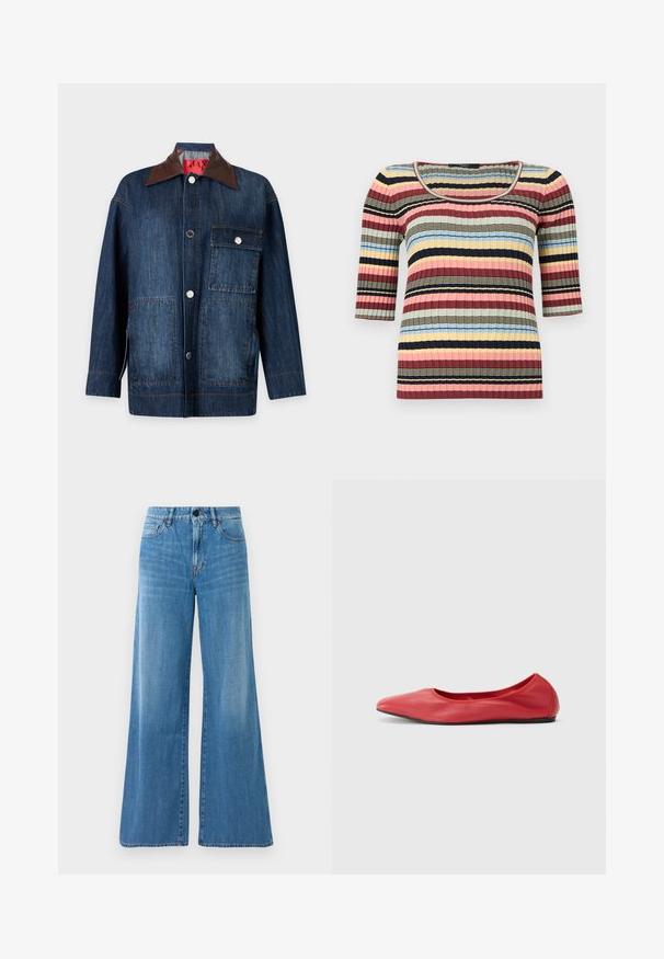 Dunkelblaue Jeansjacke mit langen Ärmeln, braunem Lederkragen, Knopfverschluss vorne, einer Brusttasche mit Klappe und zwei unteren aufgesetzten Taschen.; Eng anliegendes, geripptes Strickoberteil mit ellbogenlangen Ärmeln, U-Boot-Ausschnitt und horizontalen Streifen in Marineblau, Rosa, Gelb, Blau und Beige.; Blaue High-Waist-Jeans aus Denim mit weitem Bein, Frontknopf, Reißverschluss und Vorder- sowie Gesäßtaschen.; Filippa K REY FLATS - Klassischer Ballerina - bright red