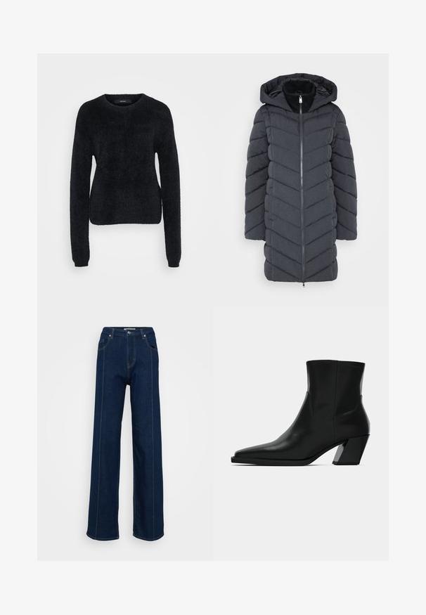 Dunkelgraue Daunenjacke mit Kapuze, mit einem Reißverschluss vorne und einem Chevron-Steppmuster. Hergestellt aus einem glatten, strukturierten Stoff.; Schwarzer Pullover aus flauschigem Stoff, mit langen Ärmeln, weitem Rundhalsausschnitt und einem leicht verkürzten Saum mit strukturierter Oberfläche.; Dunkelblaue High-Waist weit geschnittene Jeans mit vorderen Taschen, Gürtelschlaufen und kontrastierenden Nähten auf einem schlichten hellen Hintergrund.; Schwarze Leder-Stiefelette mit spitzem Zeh, schlanker Silhouette und klobigem quadratischem Absatz. Glatte Textur mit minimalen Nähdetails.