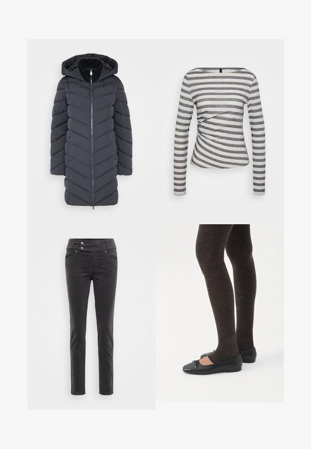 Manteau rembourré gris foncé avec capuche, doté d'une fermeture éclair à l'avant et d'un motif en chevrons. Fabriqué en tissu lisse et texturé.; T-shirt à manches longues en tissu côtelé avec des rayures noires et blanches alternées, présentant un détail froncé à la taille et un décolleté large.; Pantalons slim-fit en velours côtelé noir avec une texture lisse, dotés d'une taille à double bouton et de poches avant. Design classique pour un port polyvalent.; Jambes portant des leggings côtelés foncés associés à des ballerines noires avec de petits détails en nœud sur fond blanc.