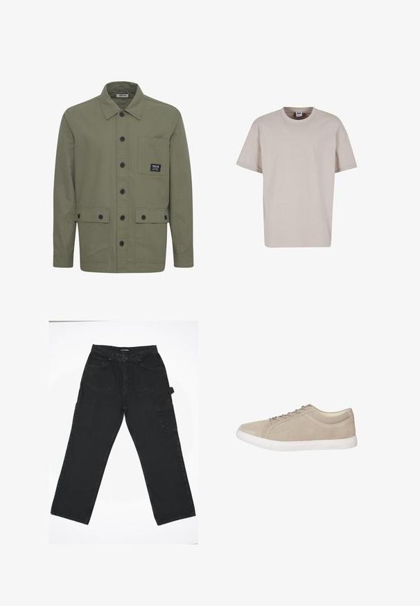 Olijfgroene jas van gestructureerde stof, met een kraag, sluiting met knopen aan de voorkant, en twee opgestikte zakken met een klein labeldetail.; Urban Classics CUFF TEE - T-shirt basic - cloud; Zwarte denim broek met een rechte pijpdesign, voorzien van een knoopsluiting aan de voorkant, achterzakken en een zijvak voor cargo.; Suède beige sneaker met een witte rubberen zool, vetersluiting en minimalistisch ontwerp. Beschikt over een gladde textuur en subtiele merkdetails.