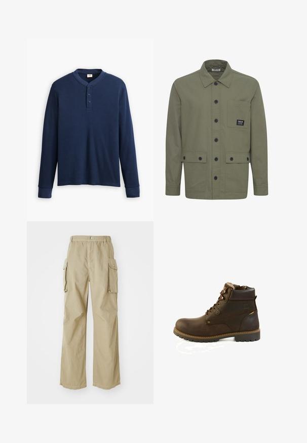 Olijfgroene jas van gestructureerde stof, met een kraag, sluiting met knopen aan de voorkant, en twee opgestikte zakken met een klein labeldetail.; Langdraagbare marineblauwe henley shirt van ribstof. Heeft een ronde halslijn en een knoopsluiting met drie knopen. De mouwen zijn aangesloten.; Beige cargobroek met een relaxte pasvorm, een elastische taille en grote zijzakken. Gemaakt van lichtgewicht stof met een subtiele textuur.; Bruine leren veterlaars met gewatteerde kraag, fleece voering en stevige profielzool, ontworpen voor buiten- of wintergebruik.
