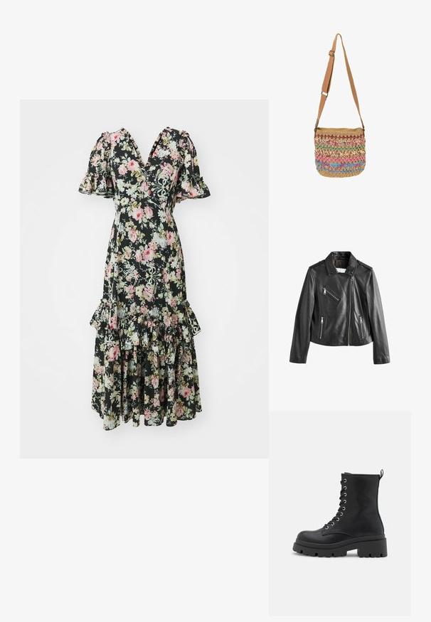 Čierna kožená motociclistická bunda s klope, asymetrickým zipsom a viacerými zipsovými vreckami. Hladká textúra, priliehavý strih.; Needle & Thread ENCHANTED GARDEN EVA CREPE BALLERINA DRESS - Koktailové šaty/večierkové šaty - graphite; Čierne členkové topánky na šnurovanie s robustnou podrážkou, hladkou textúrou, striebornými detailami a s displejovým pútkom vzadu pre ľahké obúvanie.; Ručne tkaná crossbody taška s nastaviteľným béžovým popruhom, s viacfarebnými pruhmi zo spodnej priadze v ružovej, modrej, zelenej a béžovej farbe.