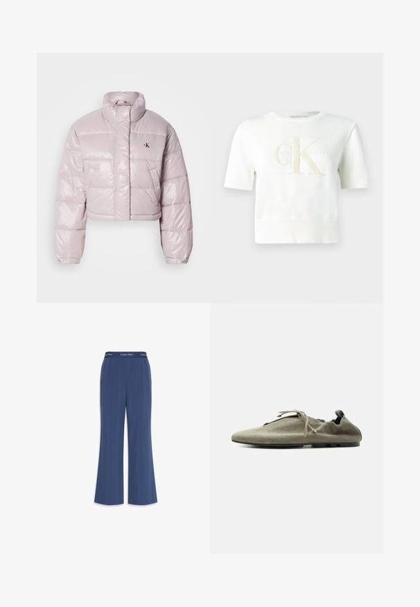 Afkortet pufferjakke i glat lyserød stof, med en høj krave, skrå syninger og et lille sort logo på brystet.; Hvid strikket sweater med korte ærmer og ribbede manchetter og kant, med stort præget "cK" og "Calvin Klein" logo foran.; Marineblå kickflare bukser lavet af blødt stof med en glat tekstur. Har en elastisk talje med "Calvin Klein" logo langs toppen.; Lys olivengrøn blød stofsko med tynd sål og snørre, vist i siddeprofil på ensfarvet hvid baggrund.