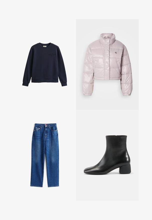 Geknipte pufferjack in glanzend lichtroze stof, met een hoge kraag, diagonale stiksels en een klein zwart logo op de borst.; Marineblauwe lange-mouwen sweater met ronde hals, geribde boorden en zoom, met een geborduurd logo op de linkerborst.; Blauwe rechte denim jeans met voorzakken, knoopsluiting en subtiel vervagen op de dijen, plat gelegd op een witte achtergrond.; Zwarte leren enkellaars met een afgeronde vierkante neus, zijrits en stevige lage hak op een effen lichte achtergrond.