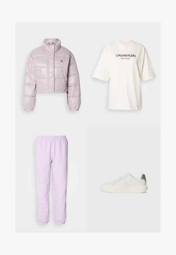 Chaqueta acolchada recortada en un tejido brillante de color rosa claro, con un collar alto, costuras diagonales y un pequeño logo negro en el pecho.; Camiseta de algodón blanca con un corte holgado, mangas cortas, y texto impreso en rojo y negro: "CALVIN KLEIN NEW YORK" en el frente.; Pantalones de chándal morados claros hechos de tela suave, con cintura elástica y puños elásticos en los tobillos. Diseño simple, sin patrones.; Zapatilla blanca de cuero con textura suave, que presenta un acento plateado en el talón, suela plana y un diseño minimalista.