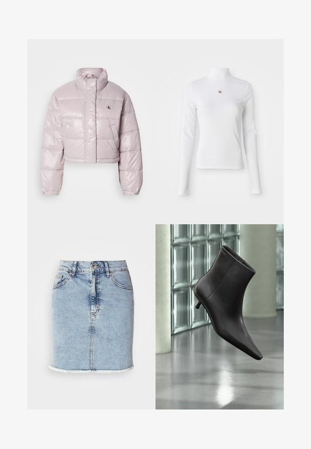 Geknipte pufferjack in glanzend lichtroze stof, met een hoge kraag, diagonale stiksels en een klein zwart logo op de borst.; Witte turtleneck met lange mouwen, gemaakt van ribbelstof. Bevat een klein geborduurd logo in het midden. Aansluitend ontwerp zonder patronen.; Lichtblauwe spijkerrok met een rechte snit, rafelige zoom, vijf zakken en een sluiting met knopen aan de voorkant. Vlotte textuur met vervaagde accenten.; Zwarte leren enkellaars met puntige neus en lage hak, afgebeeld tegen een glazen blokkenmuur en gepolijste vloer op de achtergrond.