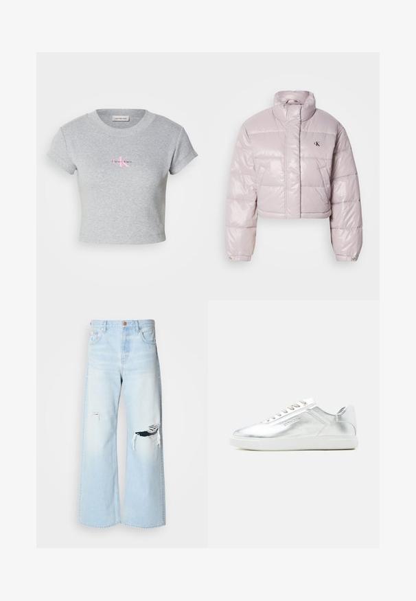 Geknipte pufferjack in glanzend lichtroze stof, met een hoge kraag, diagonale stiksels en een klein zwart logo op de borst.; Grijze crop top gemaakt van katoen, met een geribbelde textuur en korte mouwen. Toont een roze Calvin Klein-logo op de voorkant.; Lichtblauwe wijde jeans van denim, met een hoge taille, grote scheuren bij de knieën en een klassieke vijf-pocket stijl met koperen details.; Low-top metallic zilverkleurige sneaker met witte zool en veters, gladde textuur en subtiele reliëfbranding aan de zijkant.