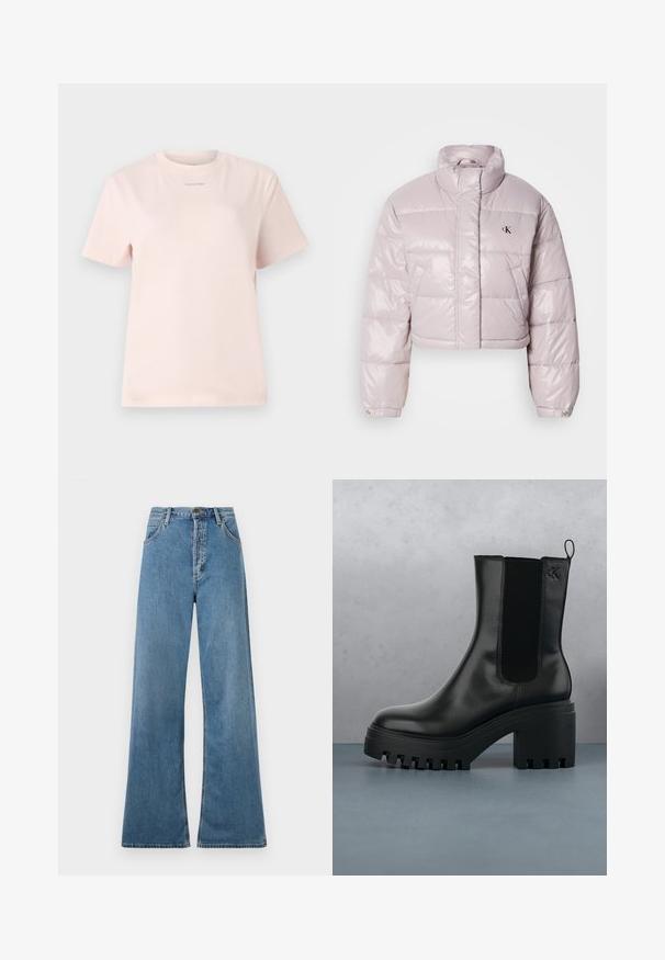 Geknipte pufferjack in glanzend lichtroze stof, met een hoge kraag, diagonale stiksels en een klein zwart logo op de borst.; Lichtroze katoenen t-shirt met een ronde hals, korte mouwen, en een klein "Calvin Klein" logo gedrukt in een bijpassende kleur op de borst.; Lichtblauwe wijde jeans met een hoge taille, met voorzakken en een ritssluiting, weergegeven tegen een witte achtergrond.; Zwarte lederen enkelboot met ronde neus, chunky plateauzool en mesh zijaccenten. Voorzien van een trekband voor gemakkelijk aan- en uittrekken.