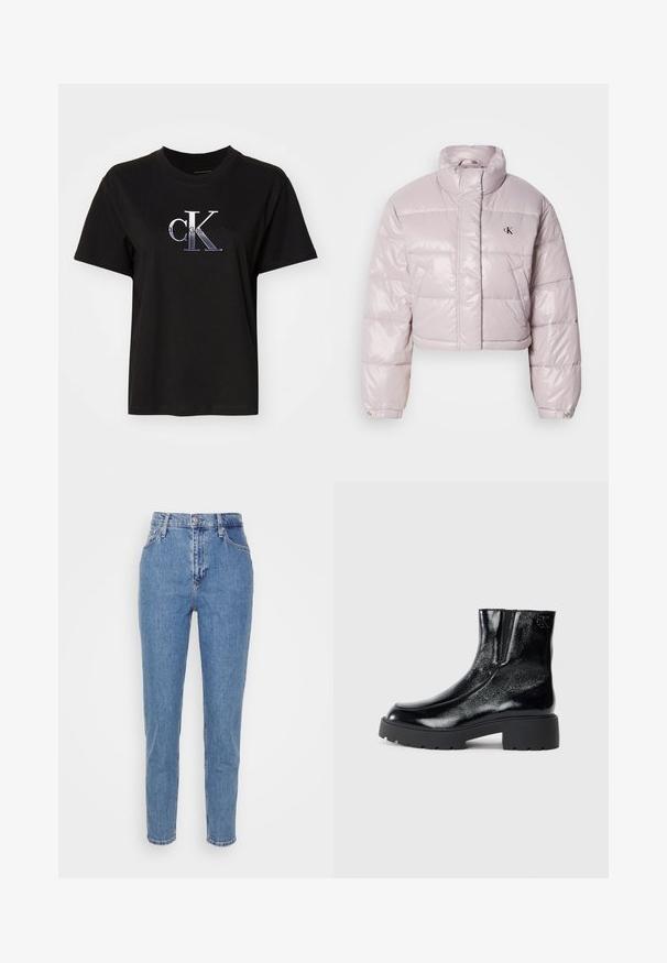 Afkortet pufferjakke i glat lyserød stof, med en høj krave, skrå syninger og et lille sort logo på brystet.; Sort bomulds T-shirt med rund hals. Har et sølv broderet "cK" logo og teksten "Calvin Klein Jeans" under logoet. Korte ærmer.; Blå højtaljede lige jeans med frontknap og lynlås, bæltestropper og lommer, præsenteret på en ensfarvet hvid baggrund.; Sorte ankelstøvler med en blank patentlæderfinish, chunky sort gummisål og hævet hæl; inkluderer subtilt logodetalje på siden.