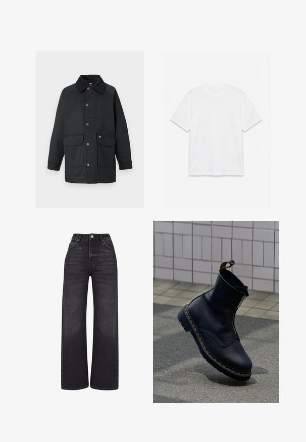 Zwarte jas met een knoopsluiting aan de voorkant, grote voorzakken en een contrasterende zachte kraag. Gemaakt van soepel, kwalitatief hoogwaardig stof.; Effend wit T-shirt met korte mouwen en ronde hals, plat gelegd op een witte achtergrond.; 2Y Studios NAYA BASIC LIGHT - Wide leg - washed black; Zwarte leren enkellaars met een ritssluiting aan de zijkant, een gestructureerd oppervlak, geel stikselaccent en een rubberen zool.