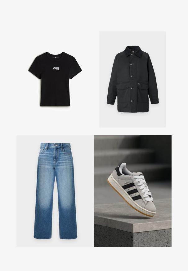 Schwarze Jacke mit einer durchgehenden Knopfleiste, großen vorderen Taschen und einem kontrastierenden weichen Kragen. Hergestellt aus glattem, strapazierfähigem Stoff.; Vans CAMERON - T-Shirt basic - black; Blaue Denim-Jeans mit geradem Beinverlauf, Knopf- und Reißverschluss, Five-Pocket-Design und verwaschenen Bereichen an Oberschenkeln und Knien.; Grauer Adidas Campus Sneaker mit schwarzen Streifen und weißen Schnürsenkeln, der über einer Betonmauer schwebt, mit Treppen im Hintergrund.