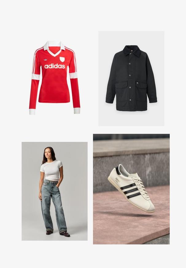 Chaqueta negra con cierre de botones en la parte delantera, grandes bolsillos frontales y un suave cuello en contraste. Hecha de un tejido liso y duradero.; Camiseta de fútbol de manga larga roja con un cuello y puños blancos. Presenta tres rayas blancas en los hombros y el logotipo de "adidas" en un lugar destacado.; Jeans de mezclilla de corte wide-leg en azul claro con detalles desgastados, cintura alta y bolsillos frontales. Combinados con una camisa ajustada de manga corta blanca y zapatos en color burdeos.; Zapatilla blanca de Adidas con rayas negras y suela beige, flotando sobre una superficie de concreto rosada y un fondo de piedra gris.
