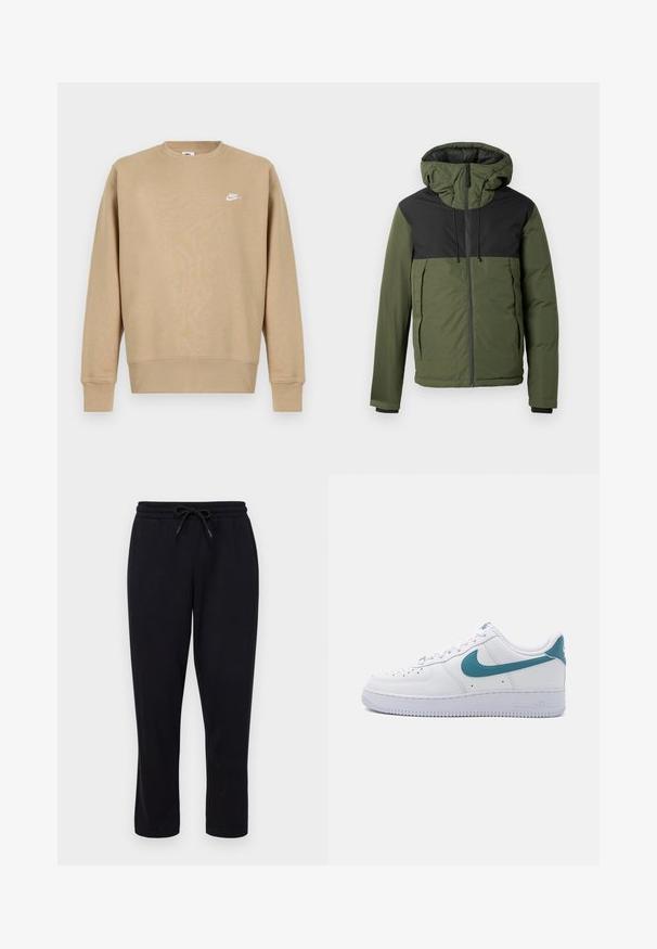 Chaqueta con capucha en verde oliva y negro, con cierre de cremallera, que presenta un cuerpo acolchado, capucha ajustable y puños elásticos. Textura suave.; Sudadera Nike en color beige con cuello redondo, mangas largas y un logo blanco en el pecho. La tela parece suave con una textura lisa.; Only & Sons ONSCONNOR STRAIGHT PANTS - Pantalones deportivos - black; Nike Sportswear AIR FORCE 1 '07 LOW ESSENTIAL - Zapatillas - white/smokey blue