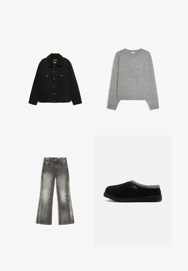 Veste en denim noir avec fermeture à boutons, deux poches poitrine, poches latérales et un col en sherpa noir.; Pull en maille gris clair uni à manches longues, avec poignets, ourlet et col rond en côtes, posé à plat sur un fond blanc.; Jean large noir délavé avec poches avant, passants de ceinture, fermeture à boutons et détails froissés sur fond blanc.; Sabots en suède noir avec un bout arrondi, dotés d'un col en maille et d'une semelle en caoutchouc texturée. Affiche le logo UGG sur le côté.