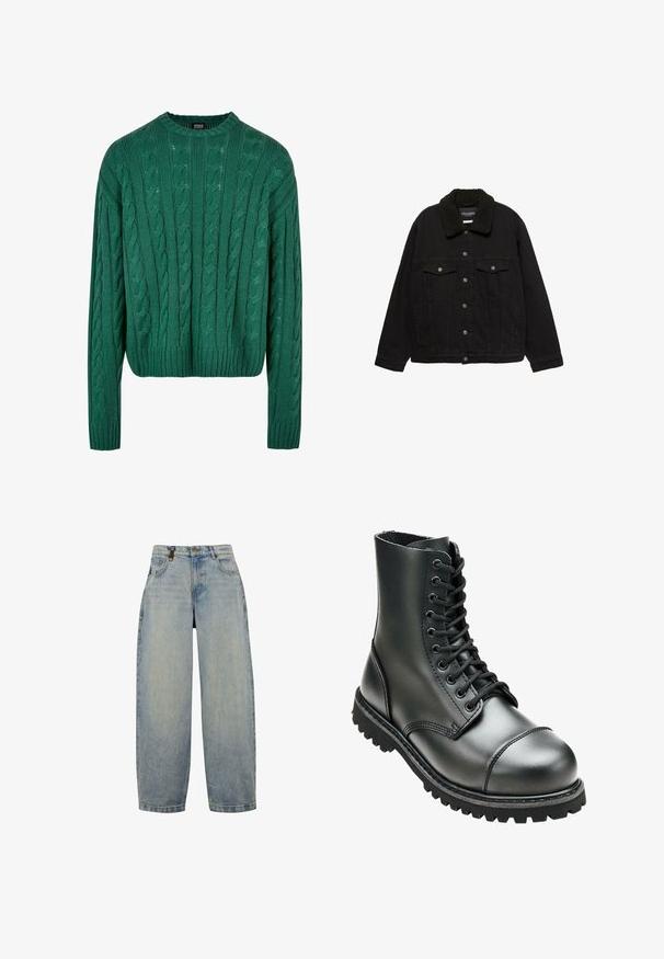 Sort denimjakke med knaplukning foran, to brystlommer, sidelommer og en sort sherpa-krave.; Grøn kabelstrikket sweater med rund hals og lange ærmer. Har et cropped design og struktureret mønster hele vejen igennem.; Lysblå denimjeans med en afslappet pasform, der har høj talje, brede ben, klassisk femlomme-design og metalhardware.; Sort læderkampstøvle med høj ankel, rund tå, snørebånd foran og robust gummisål med dybe mønstre for godt greb.