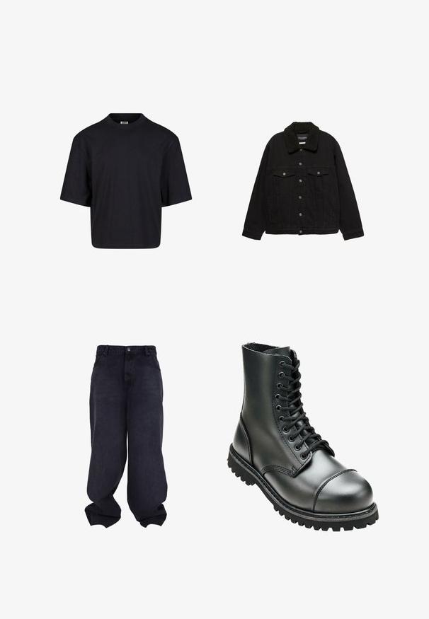 Schwarze Jeansjacke mit Knopfleiste, zwei Brusttaschen, Seitentaschen und einem schwarzen Sherpa-Kragen.; Schwarzes Baumwoll-T-Shirt mit Rundhalsausschnitt, kurzen Ärmeln und oversized Passform. Glatte Textur und minimalistisches Design. Keine sichtbaren Logos.; Schwarze übergroße Baggy-Jeans mit Knopf- und Reißverschluss vorne, Vordertaschen und lockeren, weiten Beinen.; Schwarze Lederkampfstiefel mit hohem Knöchel, runder Zehenpartie, Schnürung vorne und robustem Gummisohle mit tiefem Profil für besseren Grip.