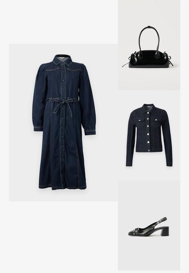 Tumesinine teksajo pikkade varrukatega, ees hõbedased nööbid ning kaks rinna peal olevat taskut klapiga ja nööpidega.; Tume sinine denim kleit krae, ees nupud, pikad puff-sleeve'id ja seotud vöö. Omab õmblusdetailide lisandit.; Must musta slingi kontsaga, millel on terav nina, tekstuuriga rihm, millel on ümmargused metallaktsendid ja kihiline plokkkonts.; Väike must läikiv käekott kahe pika sangaga ja külgedel paelakinnitustega, ühel lihtsal helel taustal.