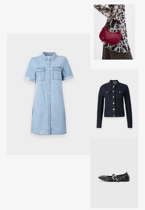 Mørkeblå denimjakke med lange ærmer, sølvknapper foran og to brystlommer med klap og knaplukning.; Lyseblå denimkjole med korte ærmer, knaplukning fortil, to brystlommer og opkrøllede ærmer. Glat tekstur og lige skæring.; Sorte læder flade sko med spids tå, samling detaljer omkring åbningen, og en sølv spænde accent på den justerbare rem.; Kvinde iført en sort- og hvidmønstret bluse, der holder en blank rød skuldertaske mod en ensfarvet baggrund.