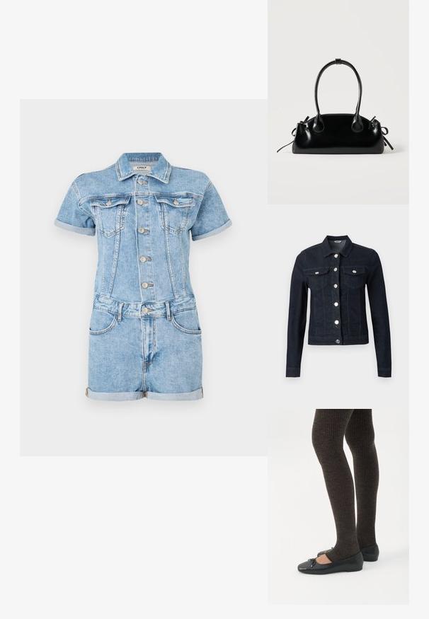 Veste en jean bleu foncé à manches longues, boutons argentés sur le devant et deux poches poitrine à rabat avec fermeture boutonnée.; Salopette en denim bleu clair, avec des manches courtes, un boutonnage sur le devant, deux poches poitrine et des ourlets roulés. Texture classique du jean.; Jambes portant des leggings côtelés foncés associés à des ballerines noires avec de petits détails en nœud sur fond blanc.; Petit sac à main noir brillant avec deux longues anses et des détails à cordon sur les côtés sur un fond clair uni.