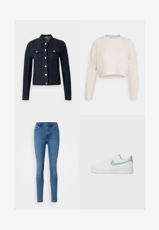 Mørkeblå denimjakke med lange ærmer, sølvknapper foran og to brystlommer med klap og knaplukning.; Afklippet sweater i off-white med ribbet tekstur, rund halsudskæring og lange, let oversized ærmer.; Slim-fit blå jeans lavet af denim, med et klassisk fem-lomme design, knaplukning og let falmning for teksturvariation.; Hvide lædersneakers med en mintgrøn Nike swoosh og hæltab, tekstureret ydersål og klassisk snørebåndsdesign.