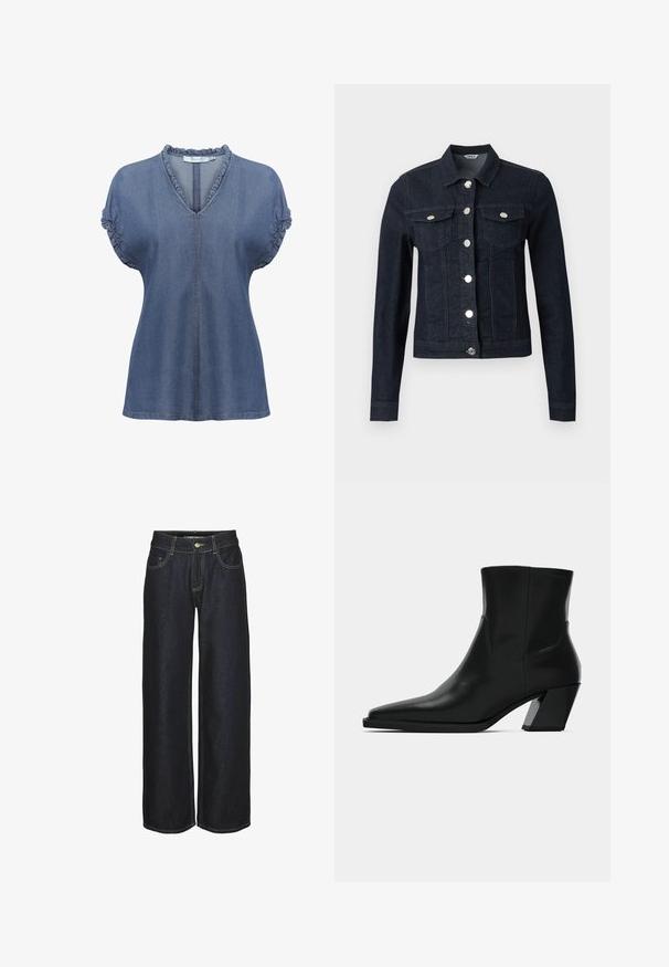 Veste en jean bleu foncé à manches longues, boutons argentés sur le devant et deux poches poitrine à rabat avec fermeture boutonnée.; Blouse en denim avec un col en V, un col froncé et des manches bouffantes. Présente des coutures contrastées et une coupe décontractée, en bleu moyen.; Jean droit bleu foncé avec poches avant, passants de ceinture et couture contrastante jaune, présenté sur un fond blanc.; Bottine en cuir noir avec un bout pointu, une silhouette élégante et un talon carré massif. Texture lisse avec des détails de couture minimalistes.