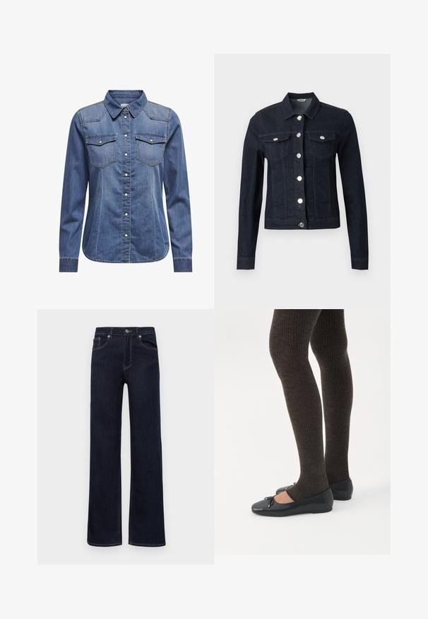 Tumesinine teksajo pikkade varrukatega, ees hõbedased nööbid ning kaks rinna peal olevat taskut klapiga ja nööpidega.; Tumedates denim särk, millel on kaelus, pikad varrukad, kahekordsed rinnataskud ja kontrastsed õmblused.; Tumed sinised teksad sirgete jalgadega, nupuga kinnitamine, vöökohad ja viis taskut, esitatud valgel taustal.; Jalad seljas tumedad soonelises soonelises kombines mustade baleriinadega, millel on väikesed paelade detailid valgel taustal.