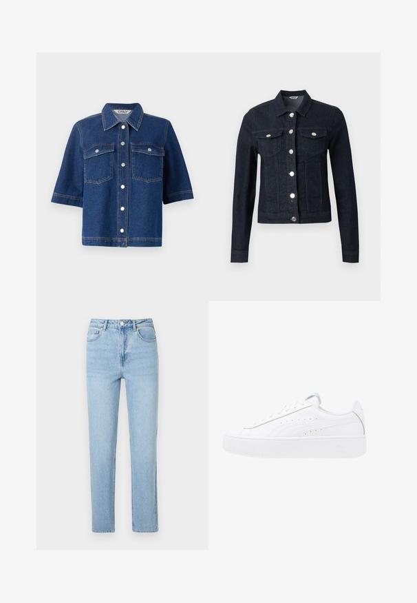 Dunkelblaue Jeansjacke mit langen Ärmeln, silbernen Knöpfen vorne und zwei Brustklappentaschen mit Knopfverschluss.; Dunkelblaue Jeansjacke mit kurzen Ärmeln, zwei Brusttaschen, silbernen Druckknöpfen und einem kragenförmigen Halsauschnitt.; Hellblaue Jeans aus Denim mit hoher Taille, geradem Bein, fünf Taschen und Knopfverschluss; durchgehend einfarbig und mit glatter Textur.; Weiße Plattform-Sneaker mit Obermaterial aus Leder, runder Zehenform und Schnürverschluss. Verfügt über seitliche Perforationen und dezentes Branding an der Ferse.