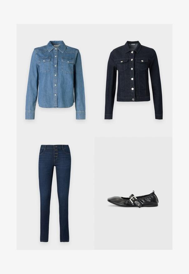 Veste en jean bleu foncé à manches longues, boutons argentés sur le devant et deux poches poitrine à rabat avec fermeture boutonnée.; La chemise en denim présente une teinte bleu clair, un col classique et deux poches poitrine. Elle est dotée de boutons-pression et de manches longues avec des poignets à boutons.; Jeans skinny en denim bleu foncé. Fermeture à cinq boutons avec poches avant. Texture lisse, style classique et silhouette ajustée.; Chaussure plate en cuir noir avec un nez pointu, des détails froncés autour de l'ouverture et un accent en boucle argentée sur la bride ajustable.