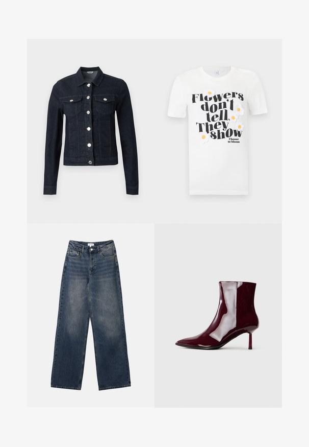 Mørkeblå denimjakke med lange ærmer, sølvknapper foran og to brystlommer med klap og knaplukning.; Hvid T-shirt med korte ærmer med sort tekst "Flowers don't tell, They show" og hvide broderede margueritter med gule midter.; Mænds højtaljede blå denim jeans med brede ben, frontknap og lynlås samt for- og baglommer.; Skinnende mørkerød ankelstøvle med spids tå og tynd mellem-højde hæl på en lys ensfarvet baggrund.