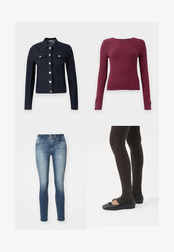 Mørkeblå denimjakke med lange ærmer, sølvknapper foran og to brystlommer med klap og knaplukning.; Burgundy langærmet ribstrikket sweater med rund halsudskæring og knapdetaljer på ærmerne. Fremstillet af et tekstureret strikmateriale.; Slanke blå jeans lavet af denim, med en falmet vask, let slid på fronten og flosset kant ved anklerne.; Ben iført mørke ribbede leggings kombineret med sorte balletsko med små sløjfedetaljer på hvid baggrund.