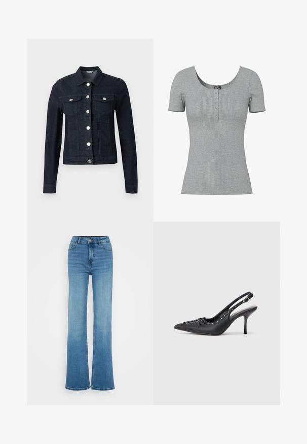 Donkerblauwe spijkerjas met lange mouwen, zilveren knopen aan de voorkant en twee borstzakken met klep en knoopsluiting.; Grijs geribd kort mouw shirt met een ronde halslijn en vier kleine knopen middenvoor.; Lichtblauwe jeans met een hoge taille, brede pijpen, knoop- en ritssluiting aan de voorkant en zakken voor en achter.; Zwarte leren slingback stiletto met spitse neus, zijgesp met gesp, studs langs de rand en decoratieve veters aan de voorkant.