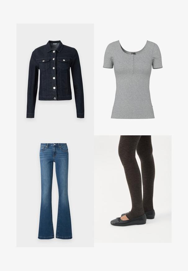 Veste en jean bleu foncé à manches longues, boutons argentés sur le devant et deux poches poitrine à rabat avec fermeture boutonnée.; Haut gris côtelé à manches courtes avec un col rond en U et quatre petits boutons en ligne au centre devant.; Jean en denim bleu avec une taille haute, bouton et fermeture éclair à l'avant, style cinq poches, jambes évasées sur fond uni.; Jambes portant des leggings côtelés foncés associés à des ballerines noires avec de petits détails en nœud sur fond blanc.