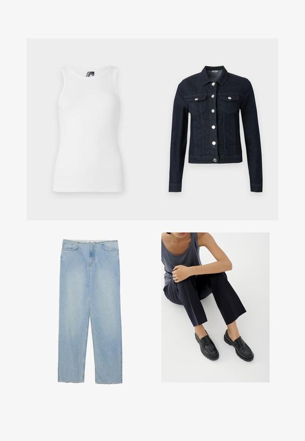 Chaqueta vaquera azul oscuro con mangas largas, botones plateados en la parte delantera y dos bolsillos con solapa en el pecho con cierre de botones.; Top de tirantes blanco con canalé, que presenta un escote redondo y un diseño sin mangas, hecho de una suave mezcla de algodón con una silueta ajustada.; Vaqueros de mezclilla de color azul claro con corte recto, que presentan una cintura alta, cinco bolsillos y detalles de dobladillo desflecado.; Mocasines de cuero negro con detalles texturizados, tacón bajo, puntera redonda y costuras visibles. Modelo vistiendo pantalones oscuros y una blusa gris.